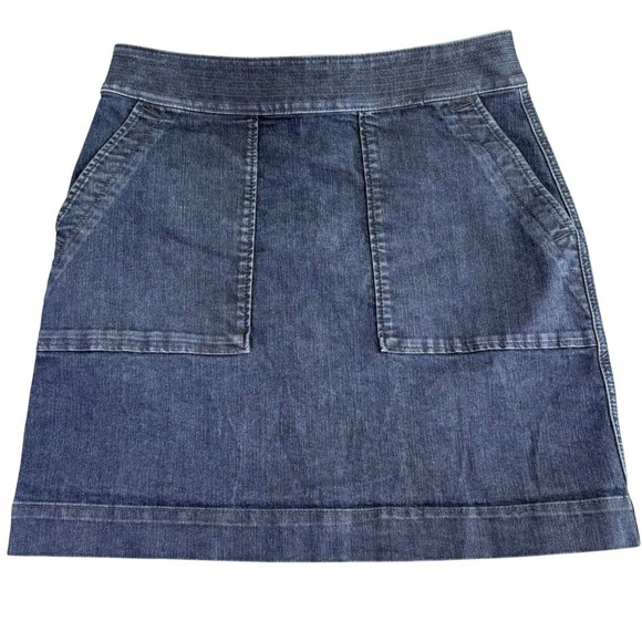 LOFT Dresses & Skirts - Loft 4 Denim Mini Skirt A-Line Patch Pockets Dark Wash Exposed Back Zip Retro